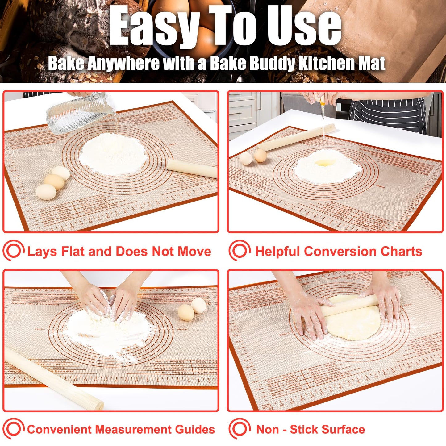 Non-slip Silicone Pastry Mat 36X24 inches Baking Mat with Measurement, Perfect for Dough, Pastry, Pie Crust, Fondant, Cookies, Bread, Pasta, Pizza, Food Grade Kitchen Counter Mats