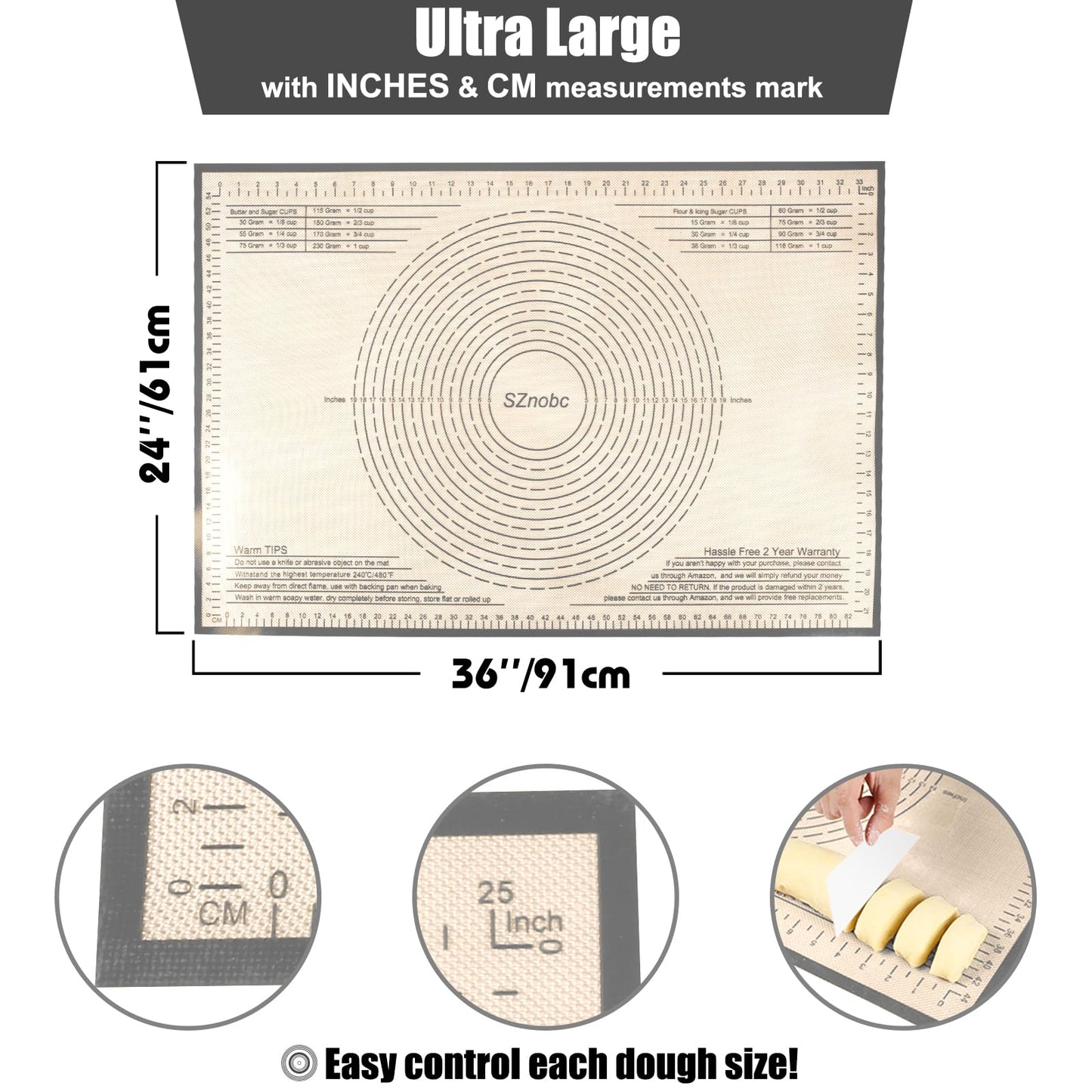 Non-slip Silicone Pastry Mat 36X24 inches Baking Mat with Measurement, Perfect for Dough, Pastry, Pie Crust, Fondant, Cookies, Bread, Pasta, Pizza, Food Grade Kitchen Counter Mats