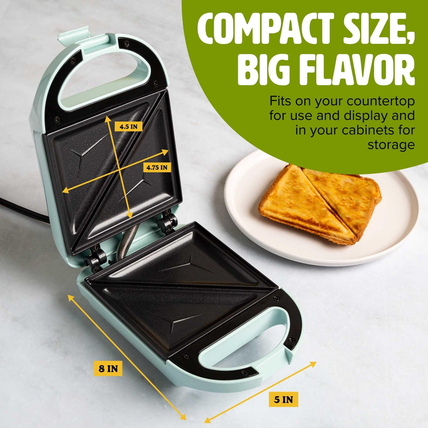 Mini Sandwich Maker, Makes Sandwiches, Paninis, Grilled Cheese, Desserts, Quick Results, Easy Cleanup, 600W, Aqua