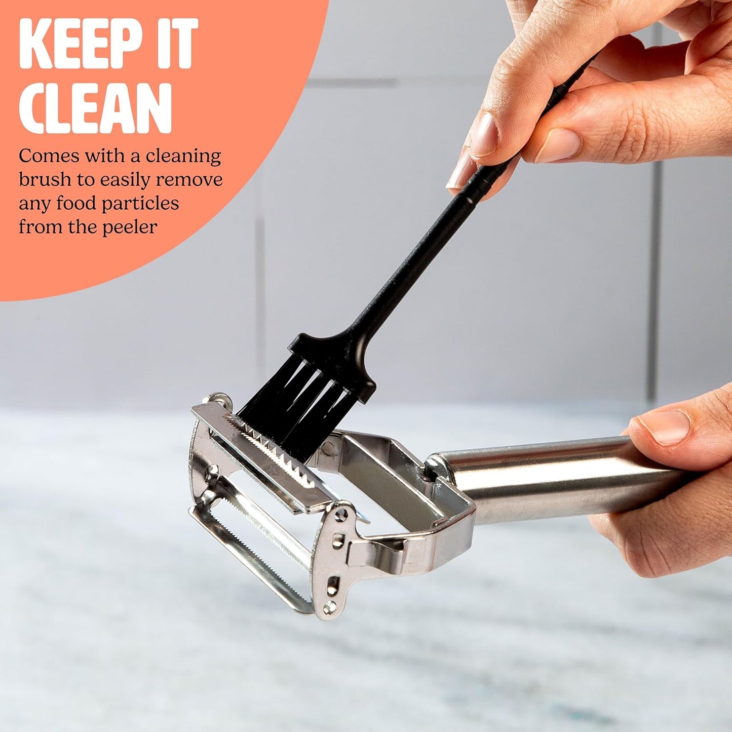 Tasty Julienne Vegetable Peeler with Cleaning Brush, Sharp Stainless Steel Blades, 2 Piece Set, Dishwasher Safe