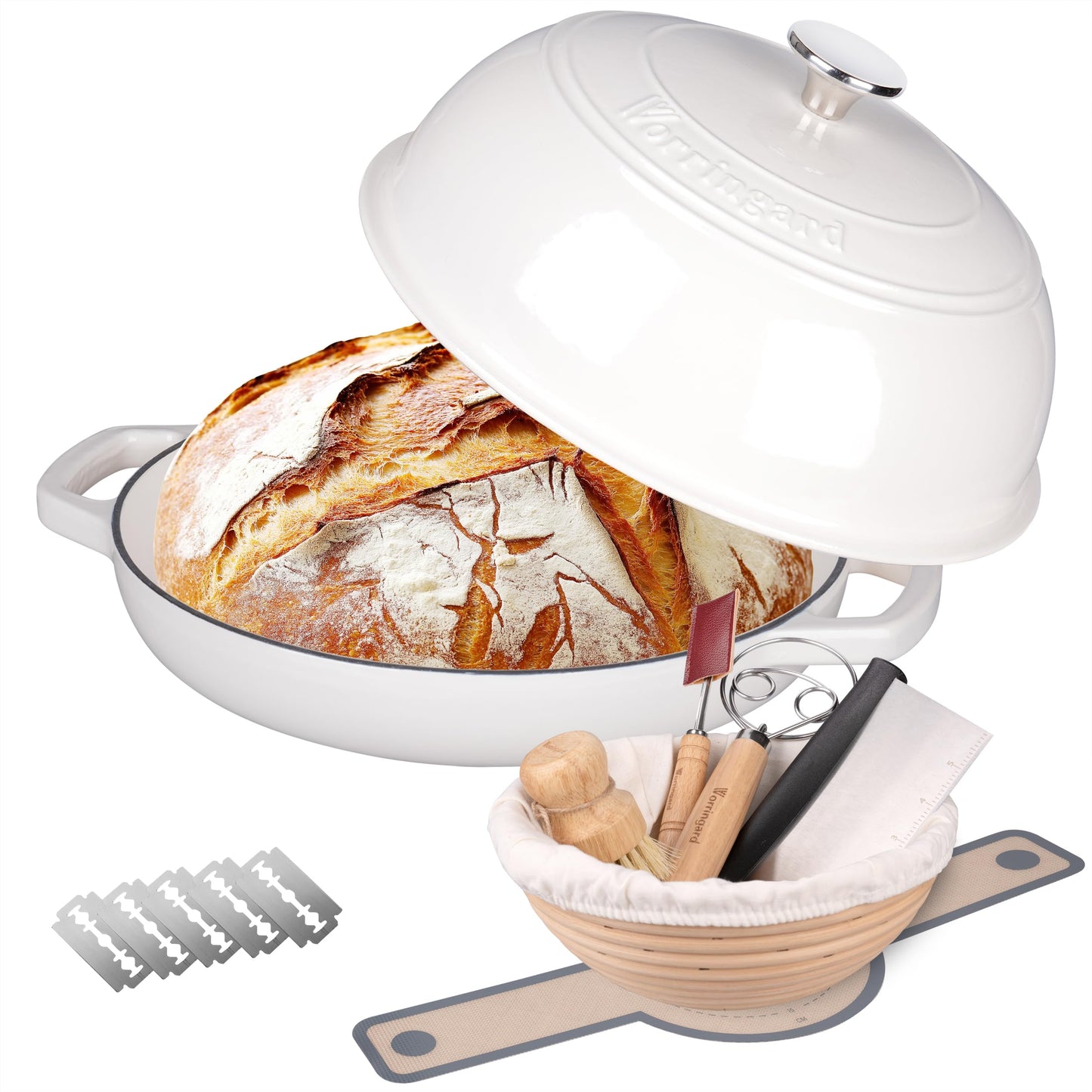 Enameled Cast Iron Dutch Oven Pot with Lid, Bread Oven for Sourdough Bread Baking, Dutch Ovens with Bread Proofing Basket& Baking Supplies Set, 6 Quart, Pink