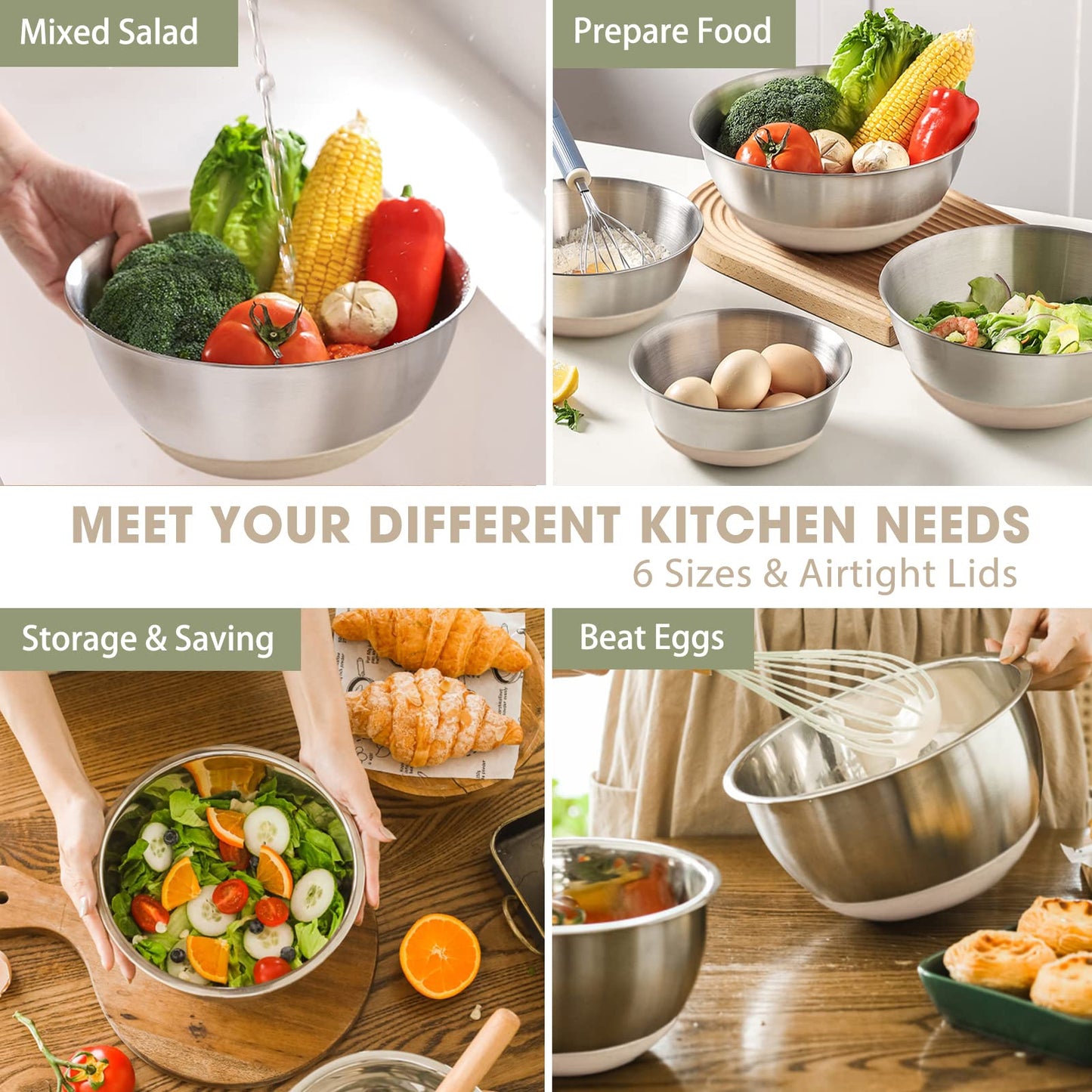 Umite Chef Mixing Bowls with Airtight Lids, 6 Piece Stainless Steel Metal Bowls, Measurement Marks & Colorful Non-Slip Bottoms Size 7, 3.5, 2.5, 2.0,1.5, 1QT, Great for Mixing & Serving