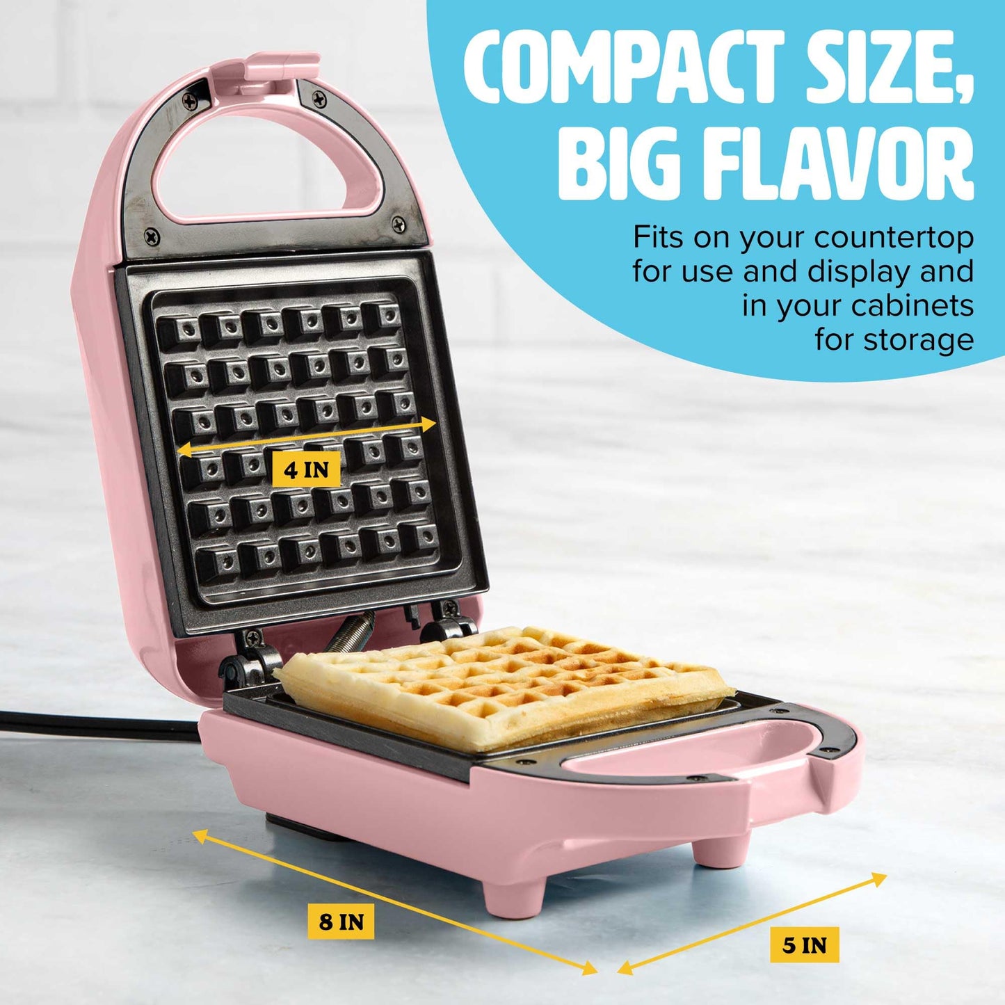 Mini Nonstick Waffle Maker, Perfect for Individual Waffles, Hash Browns, Brownies and more, Quick Results, Easy Clean Up, 600W, Pink