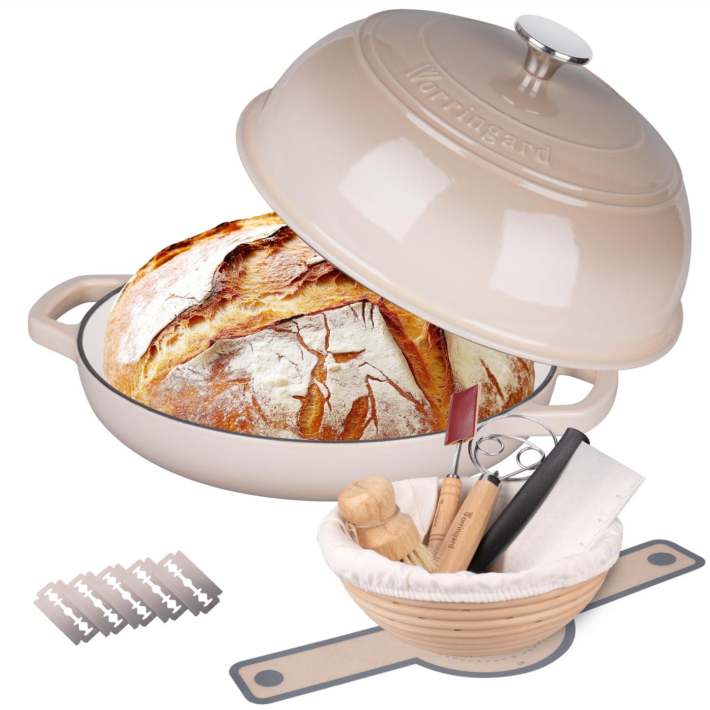 Enameled Cast Iron Dutch Oven Pot with Lid, Bread Oven for Sourdough Bread Baking, Dutch Ovens with Bread Proofing Basket& Baking Supplies Set, 6 Quart, Pink