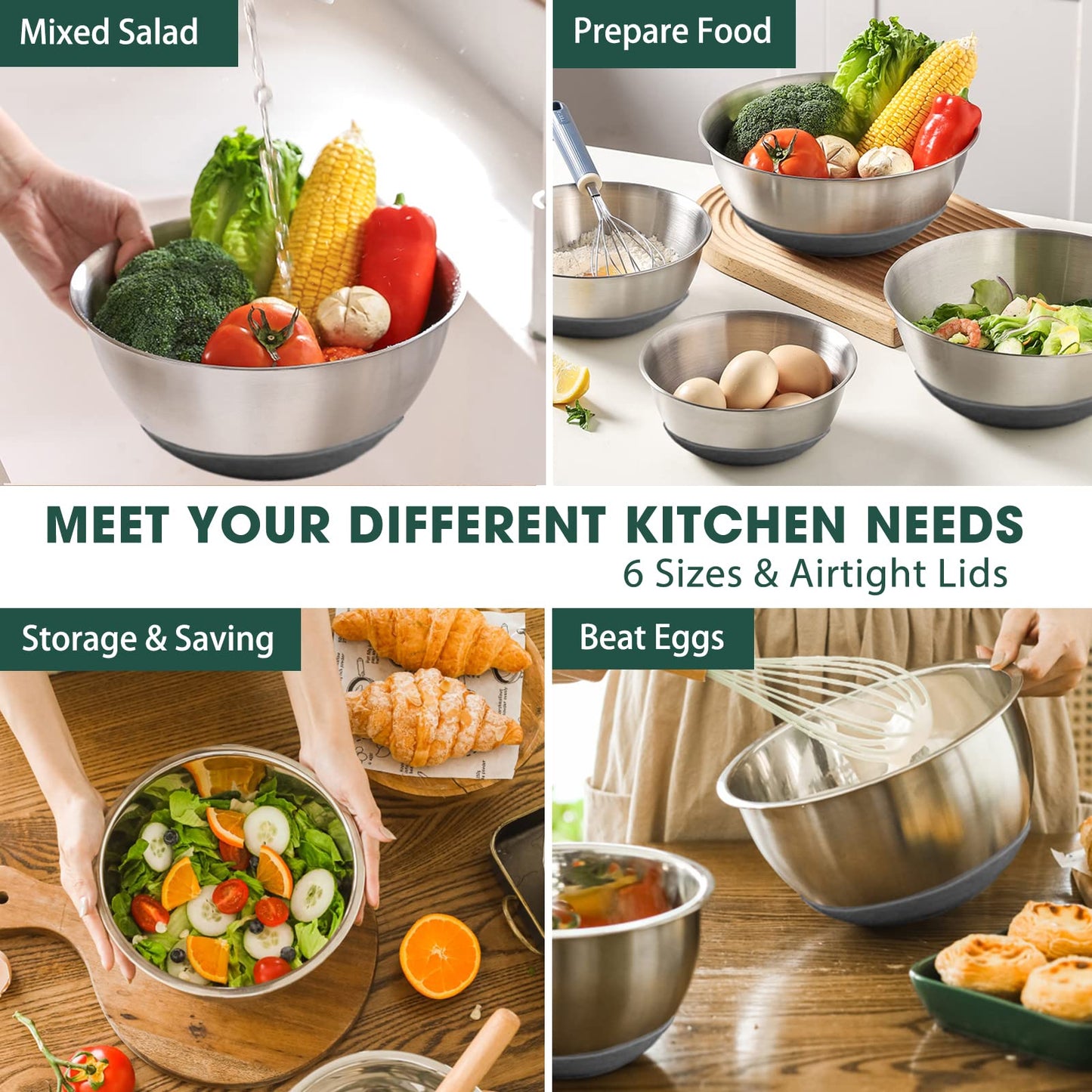 Umite Chef Mixing Bowls with Airtight Lids, 6 Piece Stainless Steel Metal Bowls, Measurement Marks & Colorful Non-Slip Bottoms Size 7, 3.5, 2.5, 2.0,1.5, 1QT, Great for Mixing & Serving