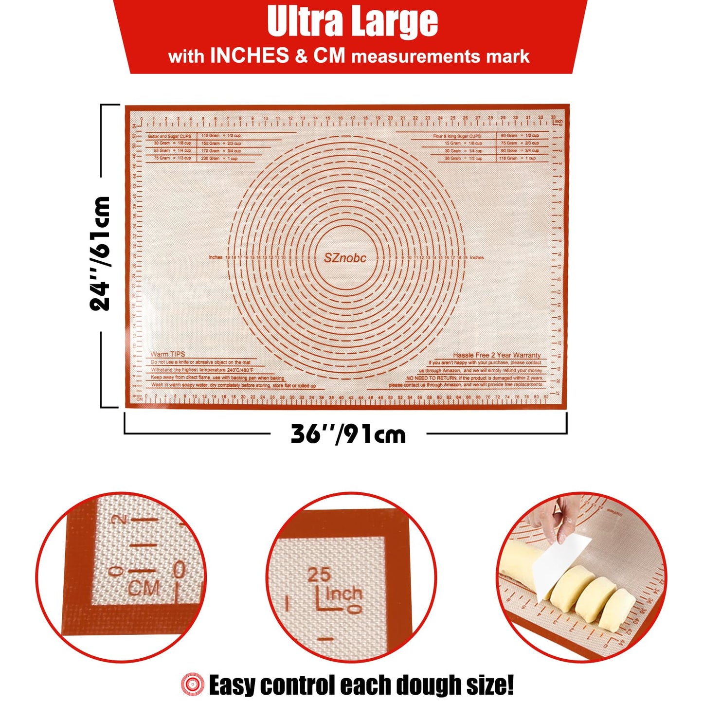 Non-slip Silicone Pastry Mat 36X24 inches Baking Mat with Measurement, Perfect for Dough, Pastry, Pie Crust, Fondant, Cookies, Bread, Pasta, Pizza, Food Grade Kitchen Counter Mats