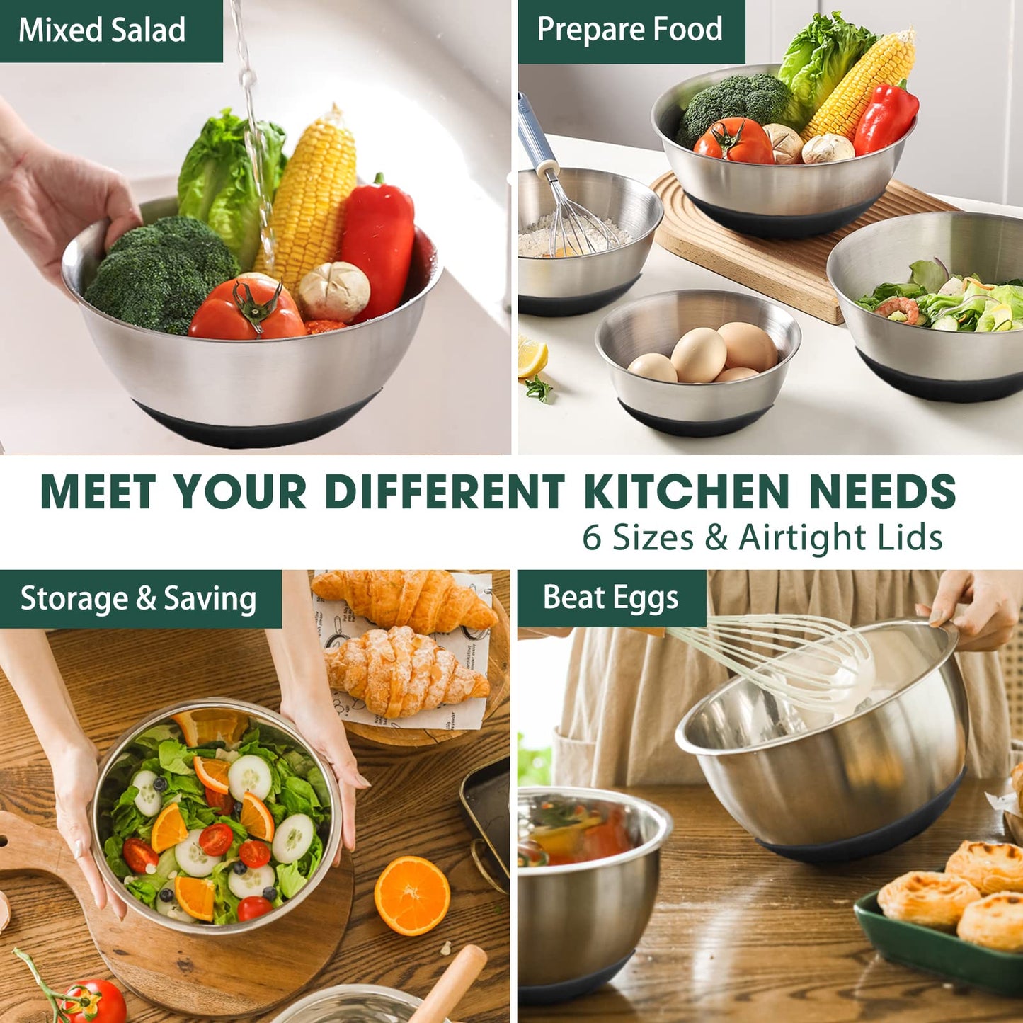 Umite Chef Mixing Bowls with Airtight Lids, 6 Piece Stainless Steel Metal Bowls, Measurement Marks & Colorful Non-Slip Bottoms Size 7, 3.5, 2.5, 2.0,1.5, 1QT, Great for Mixing & Serving