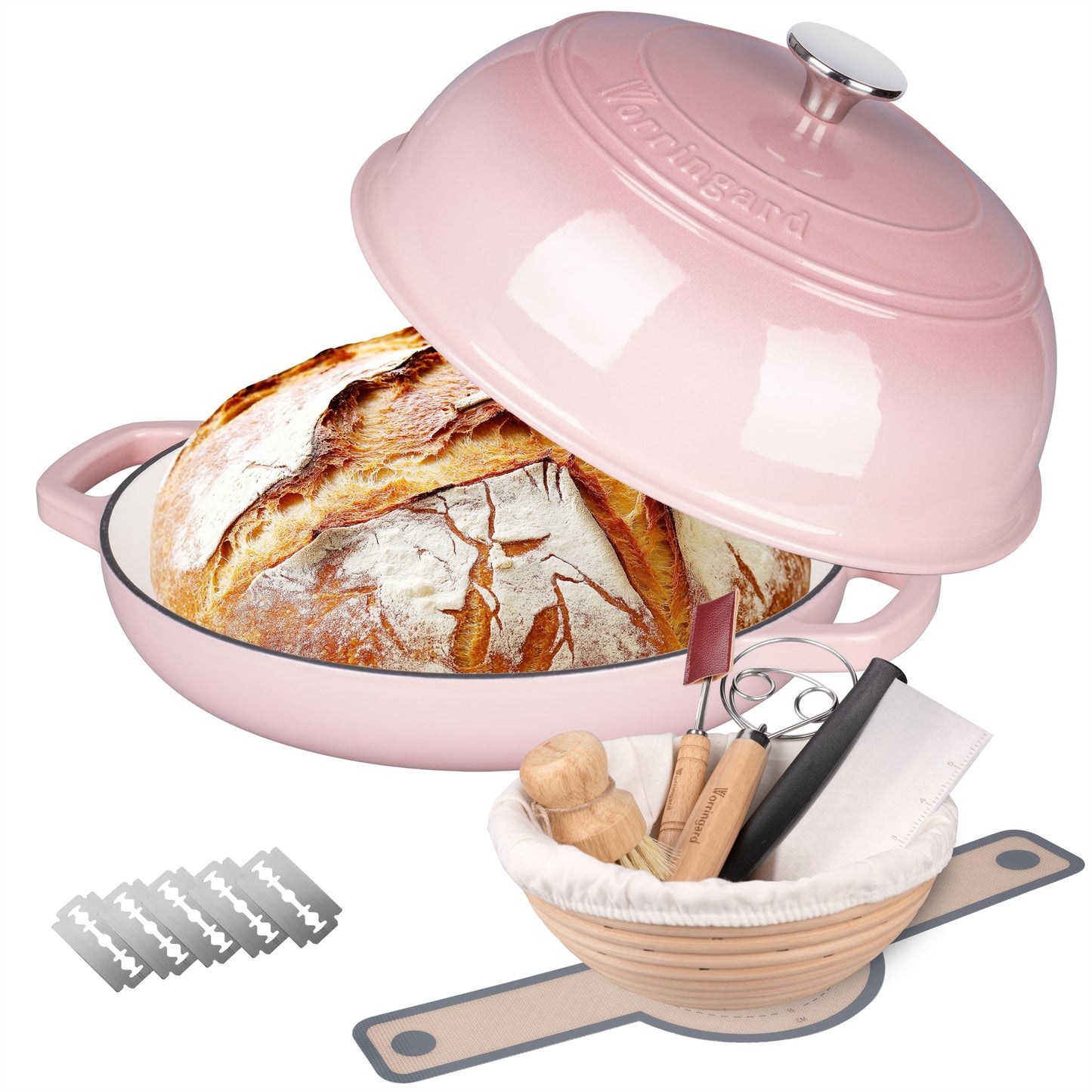 Enameled Cast Iron Dutch Oven Pot with Lid, Bread Oven for Sourdough Bread Baking, Dutch Ovens with Bread Proofing Basket& Baking Supplies Set, 6 Quart, Pink