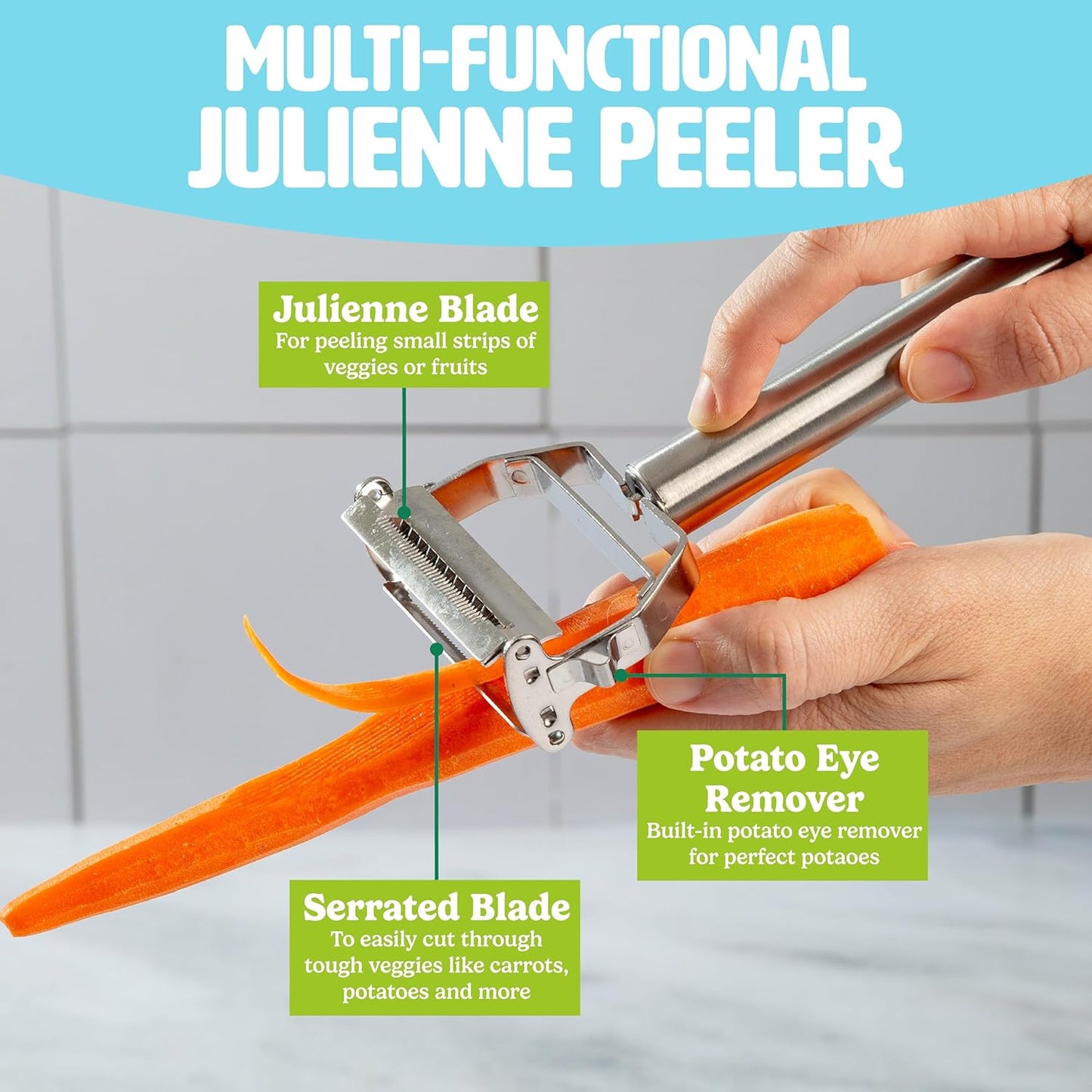 Tasty Julienne Vegetable Peeler with Cleaning Brush, Sharp Stainless Steel Blades, 2 Piece Set, Dishwasher Safe