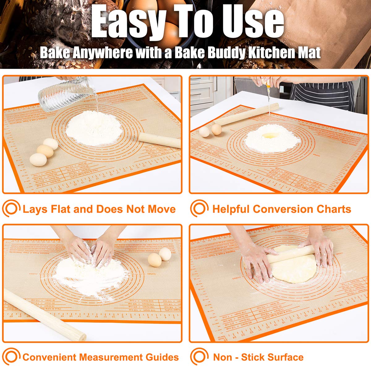 Non-slip Silicone Pastry Mat 36X24 inches Baking Mat with Measurement, Perfect for Dough, Pastry, Pie Crust, Fondant, Cookies, Bread, Pasta, Pizza, Food Grade Kitchen Counter Mats