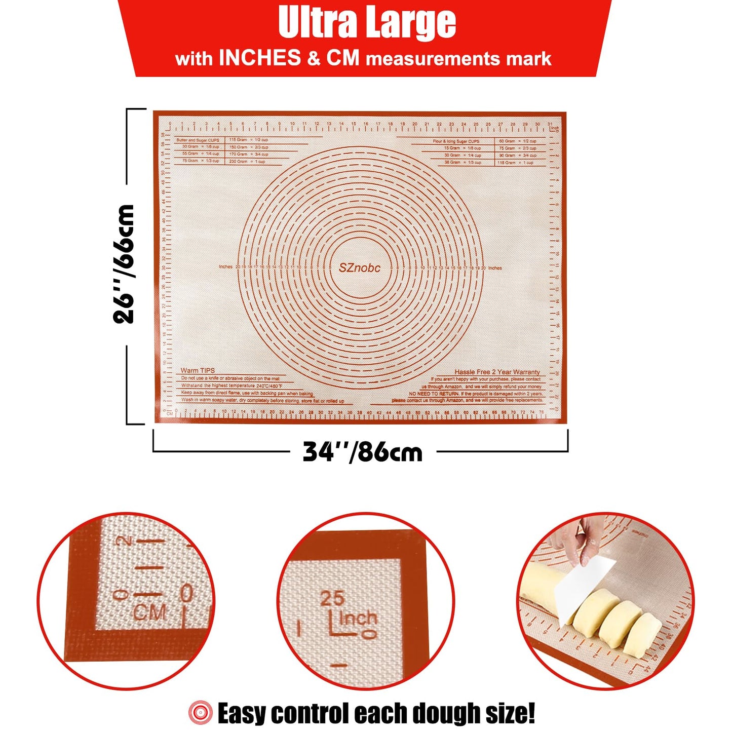 Non-slip Silicone Pastry Mat 36X24 inches Baking Mat with Measurement, Perfect for Dough, Pastry, Pie Crust, Fondant, Cookies, Bread, Pasta, Pizza, Food Grade Kitchen Counter Mats